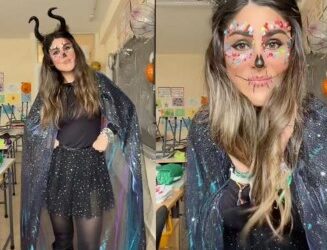 Maestra sorprende con disfraz de Halloween