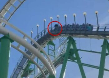 Hombre se baja de montaña rusa en movimiento