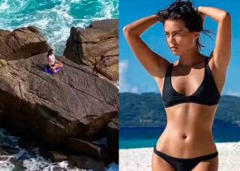 Modelo es arrastrada por una ola mientras hacía yoga en un acantilado