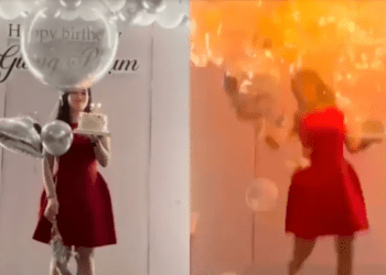 Mujer envuelta en llamas tras explotar globos de cumpleaños