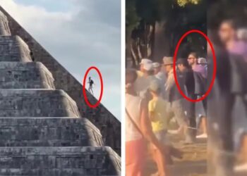 Turista alemán escala pirámide de Chichén Itzá y visitantes lo reprenden