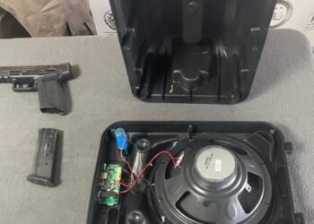 Decomisan armas en bocina de camión de paquetería en Nuevo León