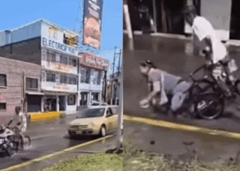 Pareja en triciclo sufre caída por bache oculto en calles del Edomex