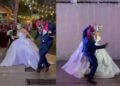 Pareja sorprende con entrada de lucha libre en su boda